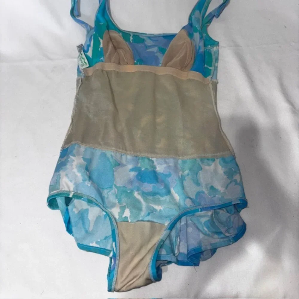 Sea Waves One Piece Swimdress Swimsuit Blue Floral Size 10 Retro Style